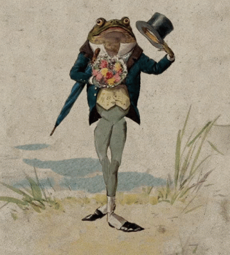 a painting shows an old - fashioned frog holding a hat and some canes
