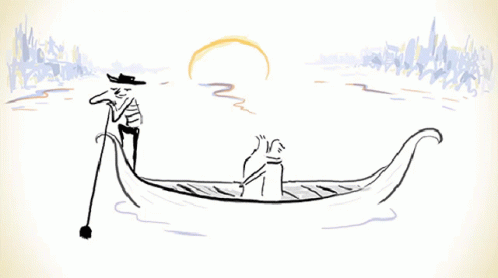 cartoon of man and dog riding in boat on open water