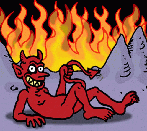 a demon sitting on the ground and flames around him