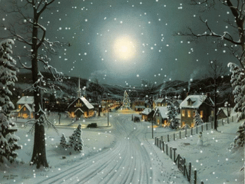 a painting of a snow covered road near some houses