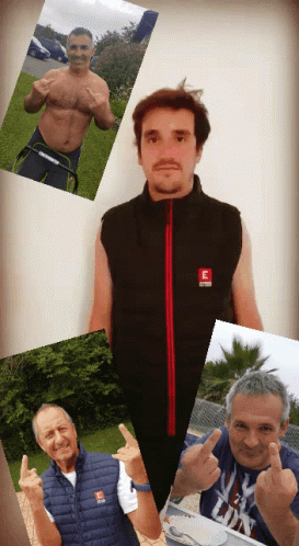 a man is posing for a picture in four different pictures
