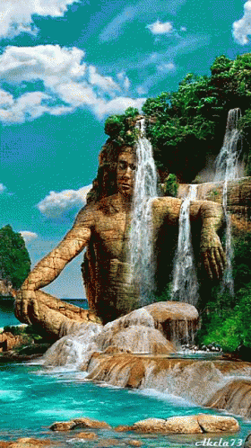 an artistic digital painting shows a river running through a waterfall