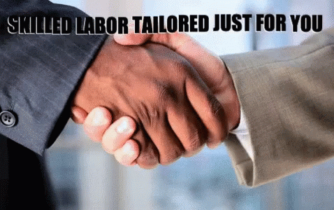two men shaking hands with the caption sed labor