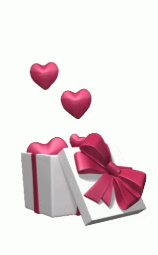 purple hearts fly out of a gift box