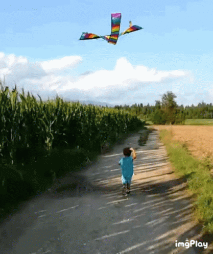 a child walking down a dirt road holding a kite