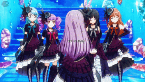 three anime girls in purple dresses are sitting