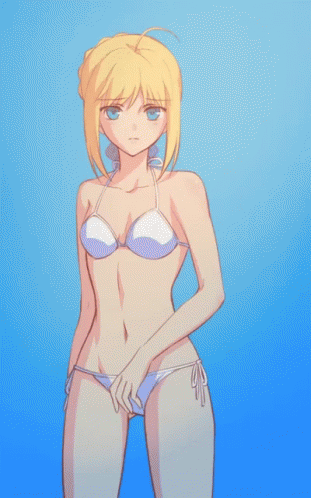 an anime woman wearing a blue bikini