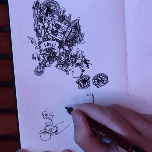 the artist drawing a cartoon wallpaper with several items