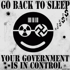 a poster with a funny caption that reads go back to sleep your government is in control