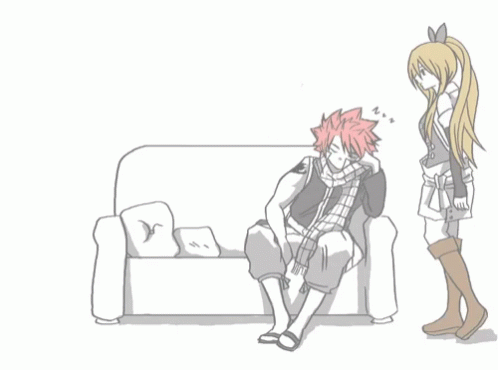 an anime drawing of two people with short hair, sitting on a couch
