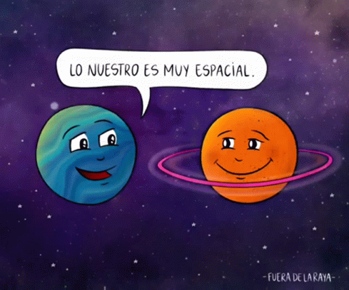 two planets in space, one with a speech bubble the other with an emoticive smile