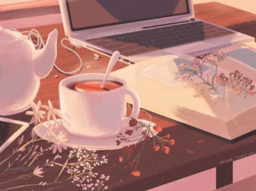 a drawing of a teapot, laptop, and flowers