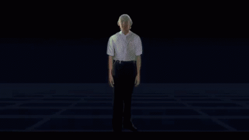 an animated image of a man walking away from the camera