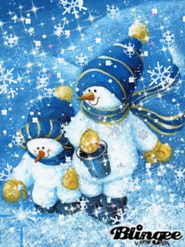 two snowmen sitting together while holding their own's