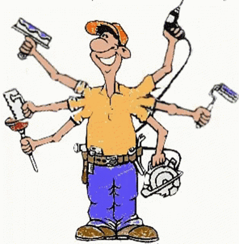 cartoon illustration of man with arms up, holding a saw