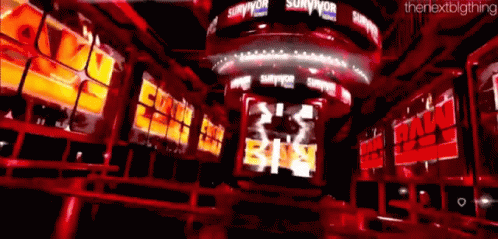 blurry pograph of a futuristic space with television screens in the center