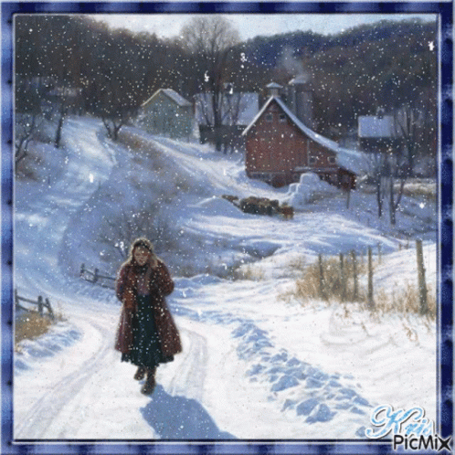 a picture of a woman walking through the snow