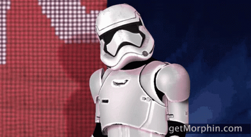 storm trooper standing in front of a flag