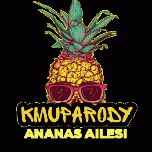 a pineapple in purple glasses and a sign saying kmuparod ananas alies