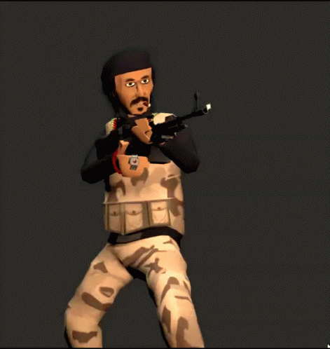 a cartoon character holding a gun in blue camouflage