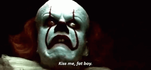 an animated image of a creepy mask saying'kiss me, for boy '