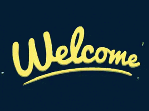 the word welcome written in bright blue neon lettering