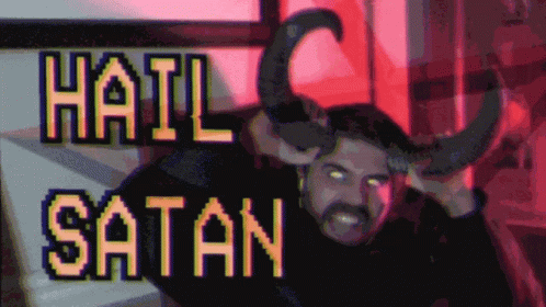 a stylized illustration of a man with horns and words that say hail satan