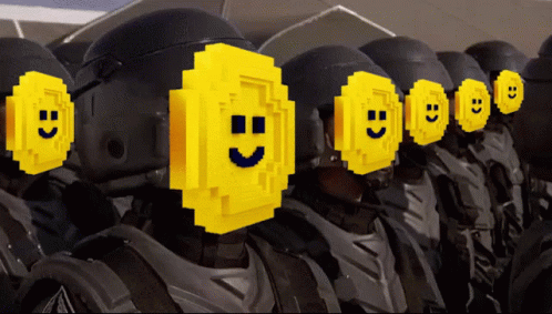 a row of blue and black helmets with the faces of men in blocks