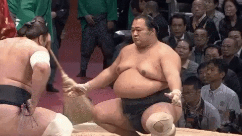 two sumo wrestlers are sitting in a ring and looking at each other