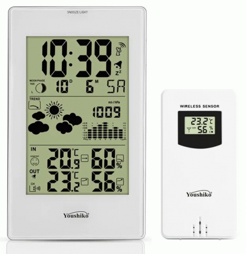 the large electronic clock and thermometer on a white surface