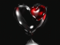two shiny hearts shaped like a cross on a black background