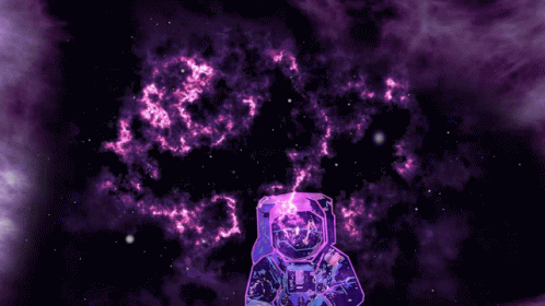 the space is in the background of an odd purple object