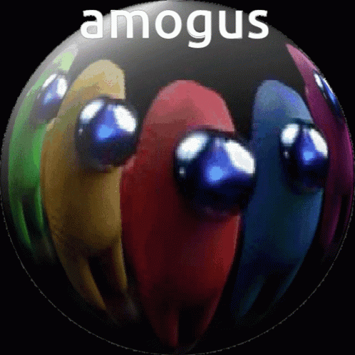 a group of colorful birds with the word amogus in white writing