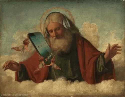 an image of a man holding a box in clouds