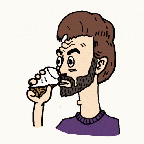 the man has a beard and is drinking from a plastic bottle