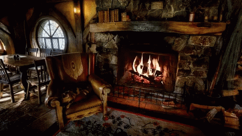 this is a scene in a house with a fireplace