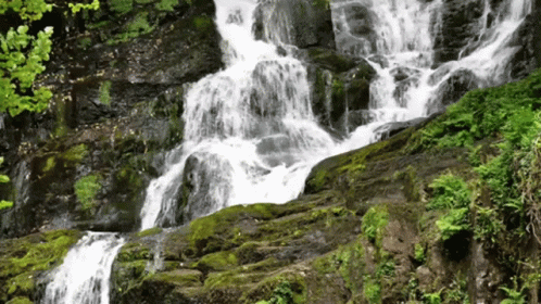 a very large waterfall on a mountain with green plants