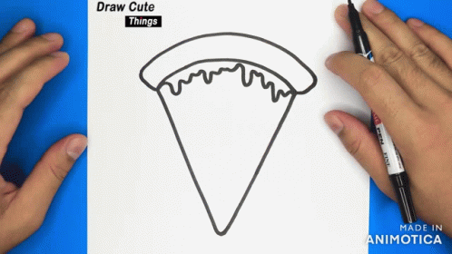 two hands are working on drawing the image of a slice of pizza