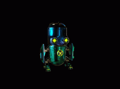 a green robot is lit up against the dark background