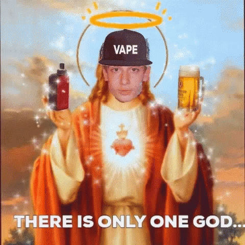a saint holding two bottles and a cigarette