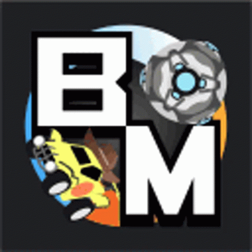 the letters b m in white, with some black and yellow