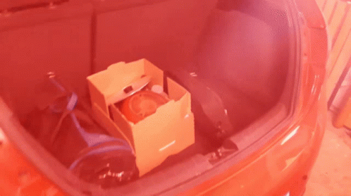 an empty package is sitting in the trunk