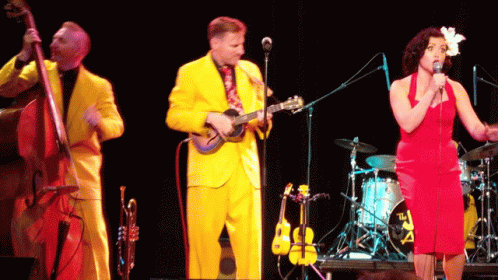 a person in a purple dress stands on stage with two band members