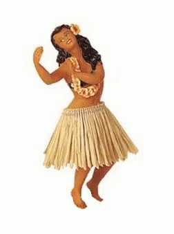 a female in a blue hula skirt on a white background