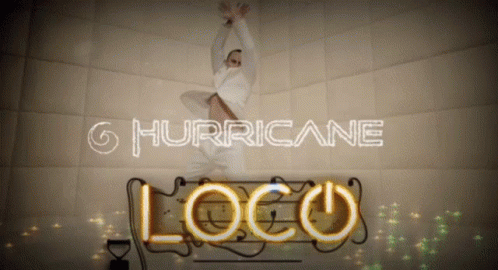 the neon sign says hurricane with an acrobatic figure in front
