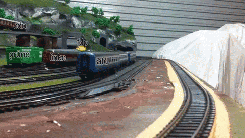 a model train set with two trains going around the track