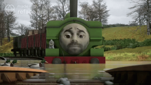 an animated face and eyes in the shape of a train