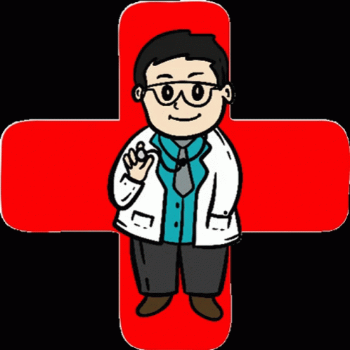 an animated doctor in glasses standing up