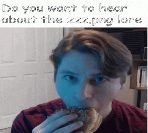 a man in purple shirt eating donut with text