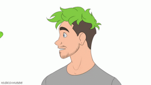 a green hair man and a grey shirt with the same haircut